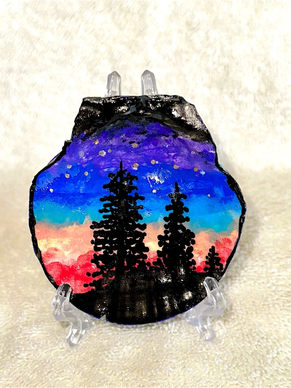Hand Painted Starry Night Forest Seashell Trinket Dish